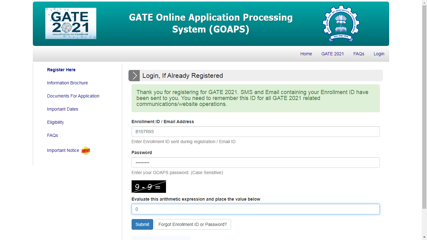 GATE Online Application Processing System Exam Registration Complete Screen