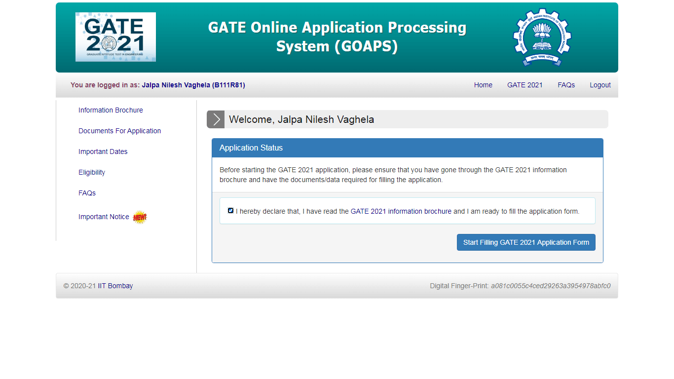 GATE Online Application Processing System Application Filling