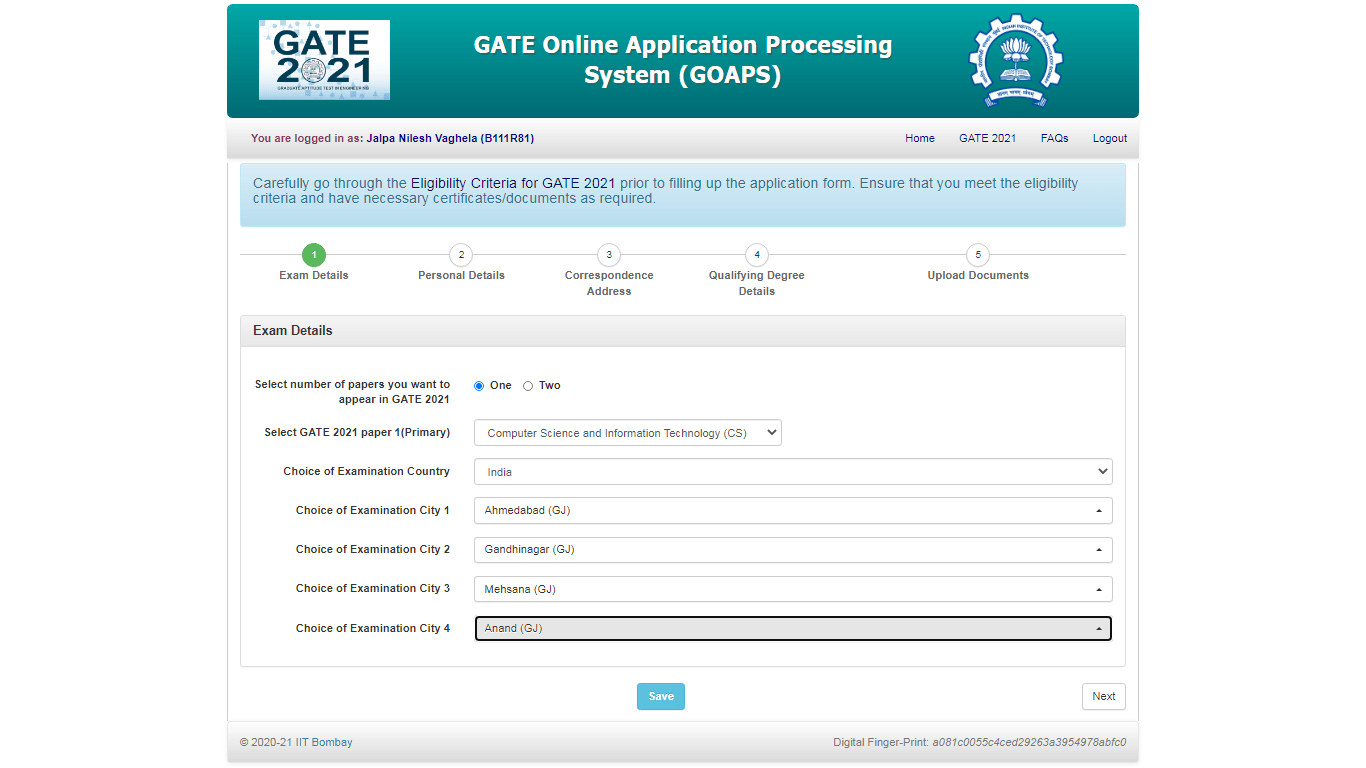 GATE Online Application Processing System Step 1