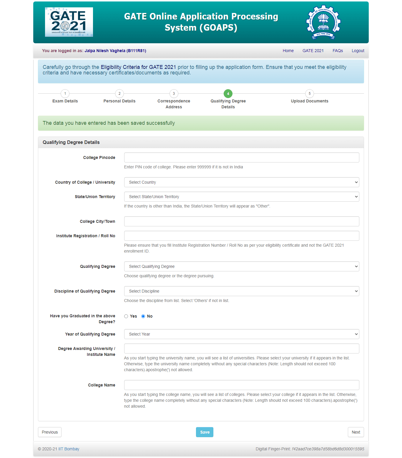 GATE Online application Processing system Step 4