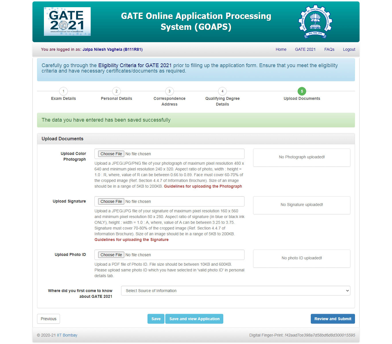 GATE Online Application Processing System Step 5 Upload Documents